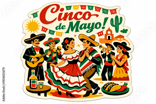 Retro 1950s Cinco de Mayo Lively Street Celebration Sticker