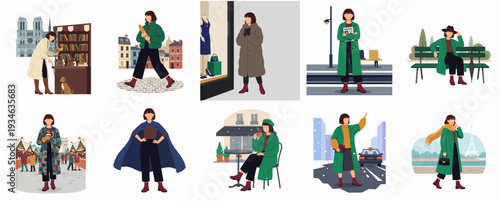 Stylish Handdrawn Woman in Various Scenes and Outfits Flat Illustration