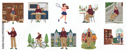 Diverse Flat Illustration of a Student in Different Campus Scenarios