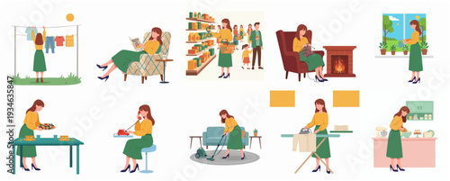 Flat Design Woman Doing Daily Routine Activities Inside and Outside the House