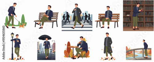Flat Style Diverse Man Character Different Activities Illustration Set