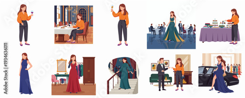 Stylish Flat Illustration of a Woman's Journey to Social Event