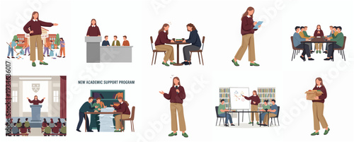Flat Illustration Various College and University Student Activities and Campus Life