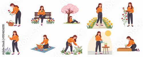 Flat Illustration Set of Woman Enjoying Outdoor Activities in Spring Season
