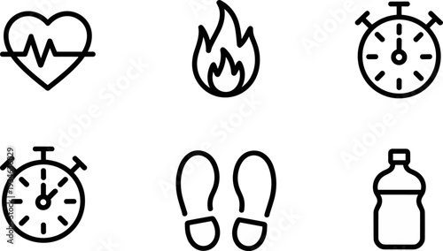 Fitness and workout line icon set, heart pulse fire stopwatch flip flops water bottle, black outline vector