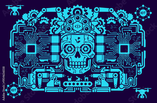 Futuristic cybernetic skull vector illustration containing intricate robotic elements, industrial machinery gears, circuit boards, automation drones, and networking technology icons