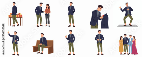 Simple Flat Styled Businessman Character In Different Poses and Interactions Illustration
