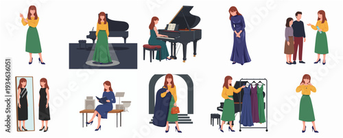 Flat Style Woman in Various Poses and Activities Character Illustration Set