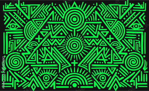Premium tribal geometric icon pack containing ancient Mayan symbols, mystical ethnic elements, abstract line art backgrounds, and psychedelic decorative vectors