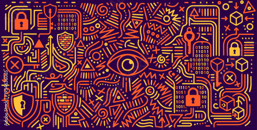Creative cybersecurity doodle icon bundle featuring data privacy shields surveillance elements network padlocks cryptography binary code and abstract technological vectors