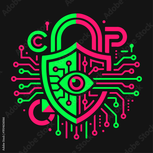 Advanced cybersecurity shield padlock eye circuit outline vector icon pack offering digital network privacy protection for modern technology software design