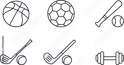 Sports balls and equipment line icon set, basketball soccer baseball hockey golf dumbbell, outline vector illustration collection