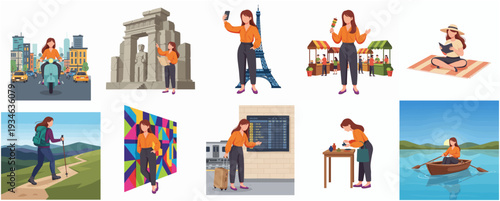 Flat Pixelated Young Woman Traveling Across The World Illustration Set
