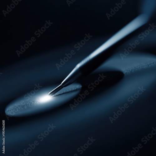 dart hitting bullseye with glowing effect, precision and goal achievement business concept, dark blue background