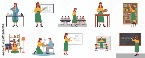Colorful Flat Illustration Collection of Female Teacher in Various Teaching Environment
