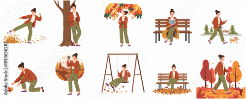 Diverse Flat Illustration Set of Woman Enjoying Autumn Season Activities in Park