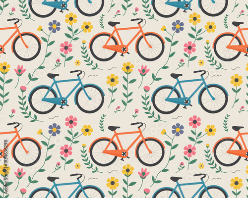 Vintage floral bicycle pattern - whimsical cycle-themed wallpaper design