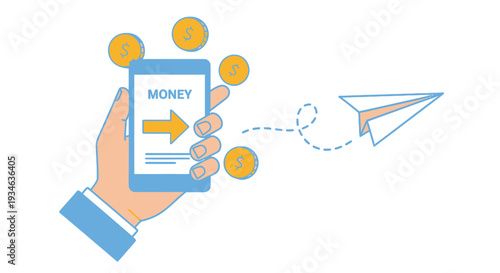 Mobile payment illustration showing money transfer via smartphone and paper airplane