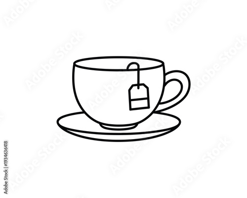 A simple illustration of a teacup with a tea bag on a saucer
