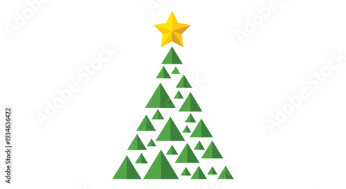 A stylized Christmas tree composed of multiple green triangles of various sizes is topped with a bright yellow star on a white background.