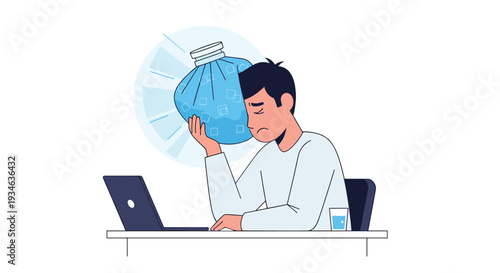 A distressed man with dark hair holds a blue ice pack to his head while sitting at a desk with a laptop and medication on a white background.