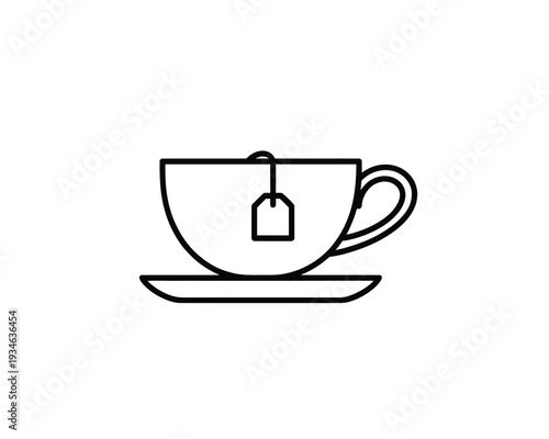 A simple line drawing of a tea cup with a saucer and a tea bag inside
