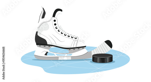A pair of white ice skates, a black hockey puck, and a stick are arranged on a light blue ice surface with etched lines on a white background.