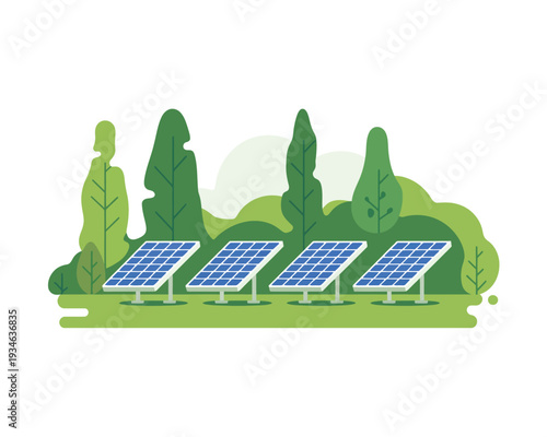 Solar panels installed on a rooftop surrounded by greenery and trees