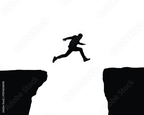 A silhouette of a person leaping between two steep cliffs in mid-air