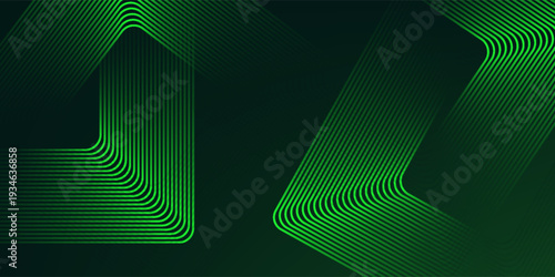 Abstract green background with glowing geometric lines. Modern gradient rounded square lines pattern. Futuristic concept.