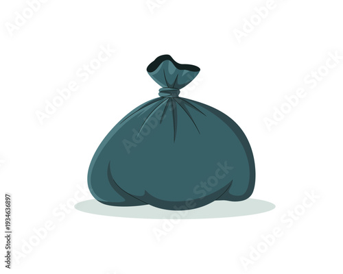 A black garbage bag tied at the top and sitting on a flat surface