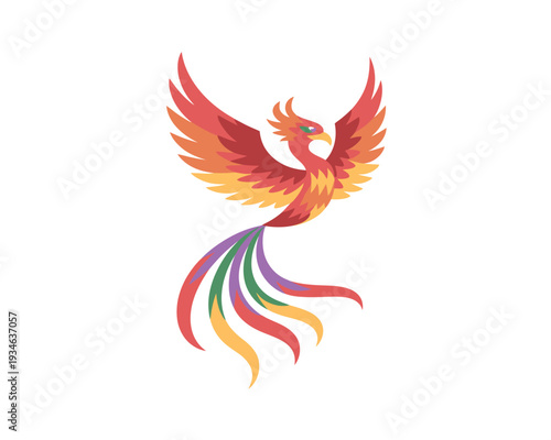 A vibrant phoenix bird with colorful wings and flame-like tail feathers in mid-flight