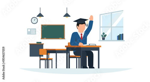 A male student wearing a blue suit and graduation cap sits at a brown desk with an open book, raising his hand in a classroom.