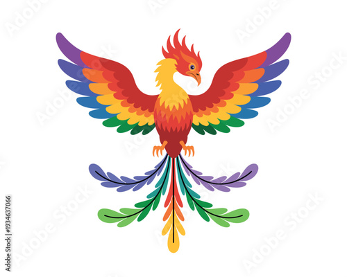 A vibrant and colorful illustration of a mythical phoenix in full flight