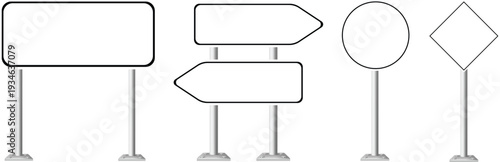 Collection of blank signposts in various shapes on stands viewed from the front