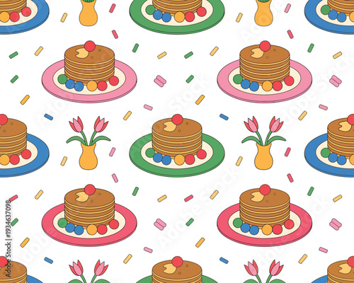 Delightful cartoon pancakes with colorful toppings and whimsical designs on a patterned background