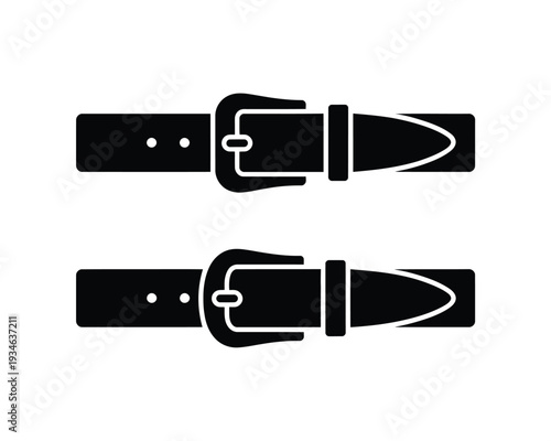 Two black leather belts with distinct buckle designs shown side by side