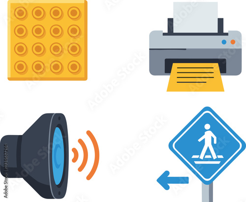 Accessibility icon set featuring braille tactile paving office printer with paper audio speaker sound waves and pedestrian crossing street traffic sign