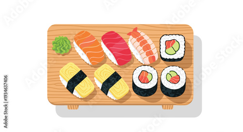 An assortment of eight vibrant sushi pieces is arranged neatly on a light brown wooden serving board with a swirl of green wasabi.