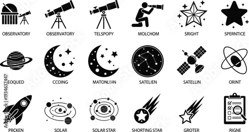 Astronomy and space exploration icon set featuring observatory telescope stars planets moon satellite rocket solar system comet and astrology research symbols