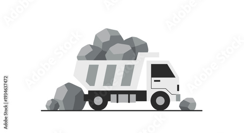 A grey and white dump truck with its bed overflowing with numerous large, angular grey rocks is shown on a plain white background.