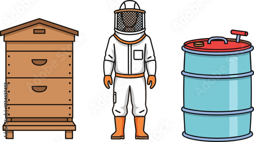 Beekeeping illustration set featuring a wooden beehive a professional beekeeper in protective suit and a metal honey barrel for apiary