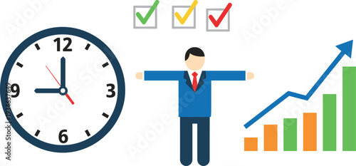 Business time management illustration featuring analog clock productive businessman with open arms colorful check boxes and rising financial growth bar chart