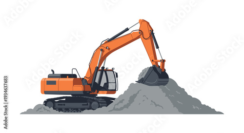 A powerful orange hydraulic excavator with black tracks is shown digging into a large pile of grey earth on a clean white background.