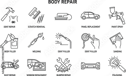 Car body repair icon set featuring dent removal scratch repair painting welding window replacement and auto detailing services for garage workshops