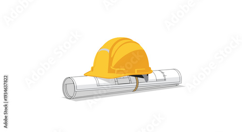 A bright yellow hard hat is placed on a rolled-up white blueprint, casting a subtle shadow on a clean white background.