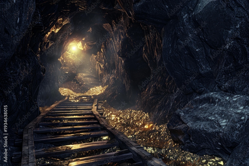 Fototapeta premium Wooden mining cart tracks lead towards a glowing vein of gold deposits in a dark cave