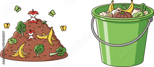 Compost pile and green bucket illustration featuring organic food waste like banana peels apple cores and vegetables for sustainable soil recycling