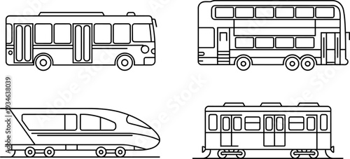 Public transport vehicles outline set, bus double decker tram high speed train line art vector illustration collection isolated