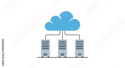 A stylized blue cloud icon is connected by black lines to three identical grey server racks, representing a distributed computing system.